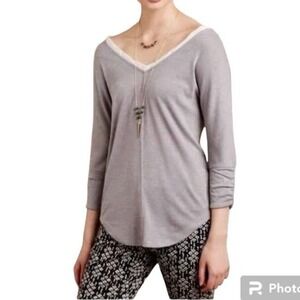 Anthropologie Deletta Mara Gray Ruched White Chiffon Trim Top Shirt Womens Small